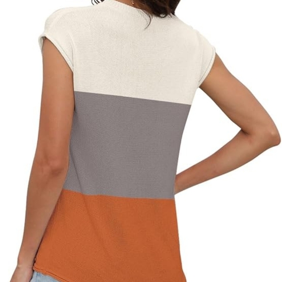 Summer Casual Loose Knit Cap Sleeve Sweater Vest B-color Block Brown - Picture 5 of 6